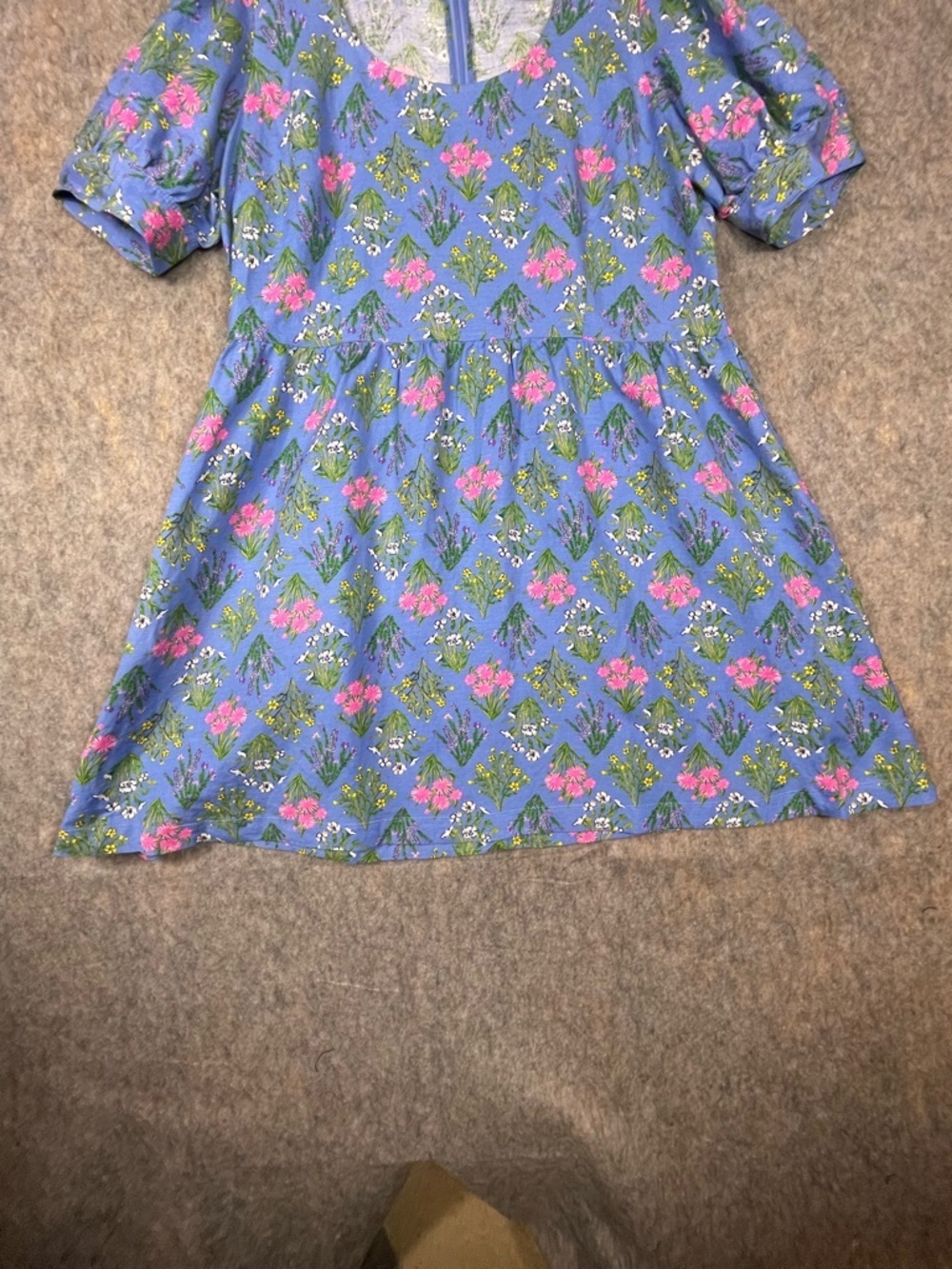 LOFT Linen Periwinkle Floral Print Puff Sleeve Mini BabyDoll A-Line Dress Sz 14 - Picture 7 of 16